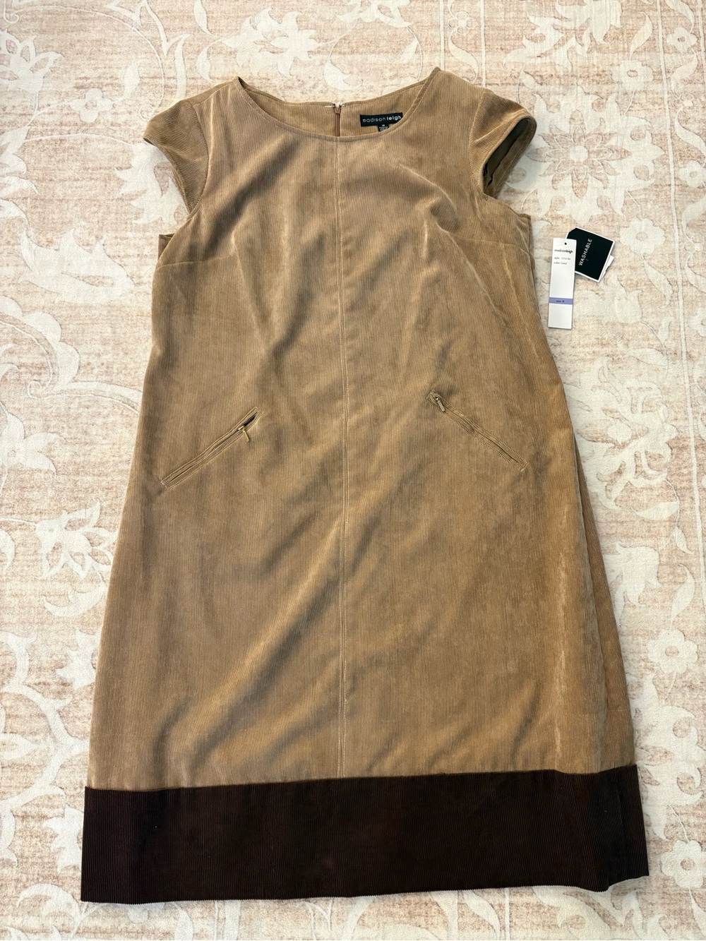 NWT madison leigh Camel tan corduroy Shift Dress with Dark Brown Hem Size 18